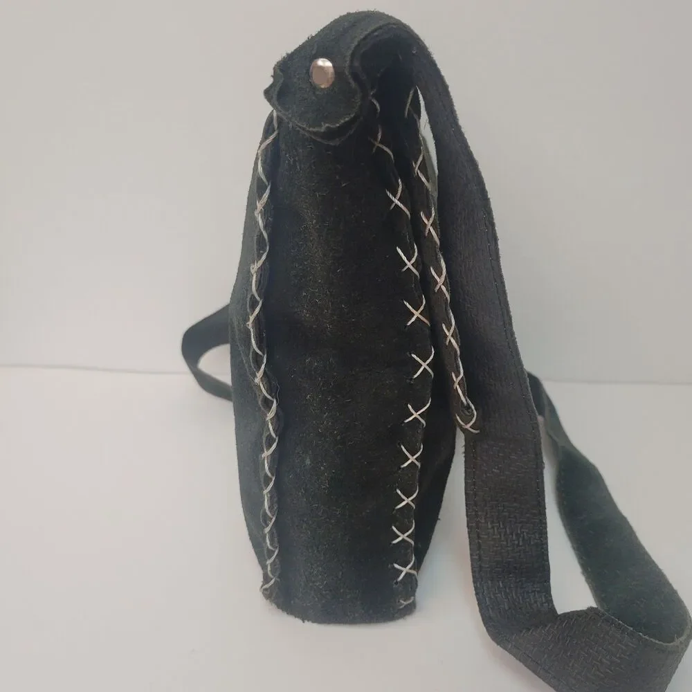 Black Suede Leather Crossbody Bag Yin Yang Handmade Boho Hippie Distressed